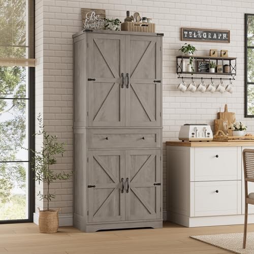 HOSTACK Kitchen Pantry Storage Cabinet, Farmhouse Pantry Cabinet, Ash Gray - Image 2