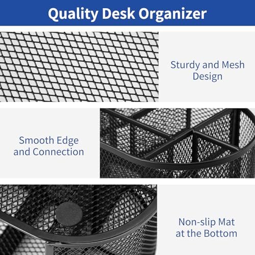 EOOUT Desk Organizer Black Mesh Pencil Holder 8 Compartments 1 Drawer - Image 4