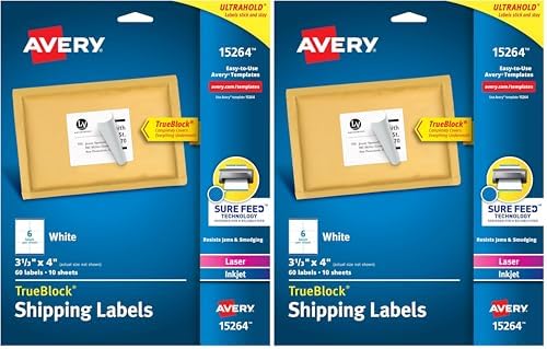 Avery Printable Shipping Labels, Sure Feed Technology, 3-1/3" x 4", White, Laser/Inkjet Printable, 60 Blank Mailing Labels (15264) (Pack of 2) by Avery