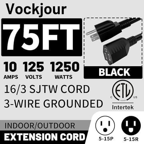 Vockjour 16/3 Black Indoor Outdoor Extension Cord 75 Ft Waterproof - Image 2