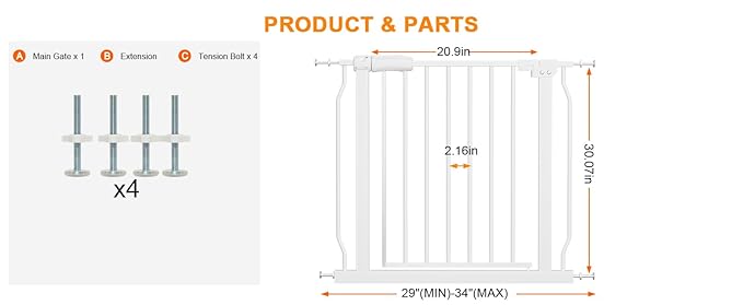 Narrow Baby Gates for Stairs Doorways Auto Close Tension White Metal Child Pet - Image 2