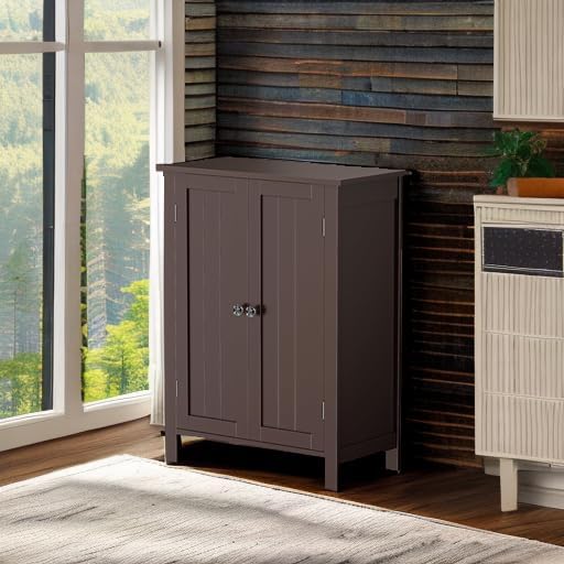 SUPER DEAL Modern Bathroom Floor Storage Cabinet with Adjustable Shelf and Double Door Rust Proof, Living Room Modern Home Furniture Storage Organizer Cabinet, Brown - Image 2