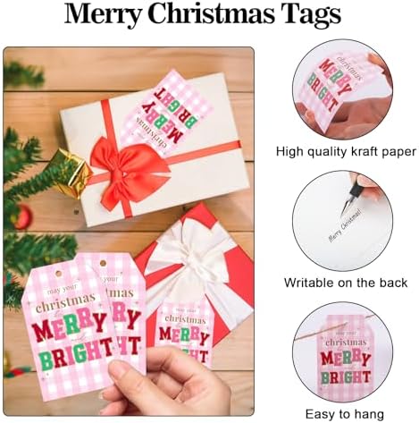 joycraft 50Pcs Christmas Tags with String, Pink Plaid Merry Christmas Tags - Image 3