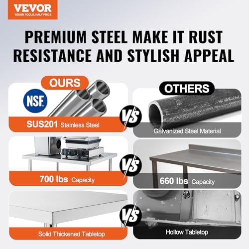 VEVOR Stainless Steel Work Table 24 x 30 x 38 Inch, with 4 Wheels, 3 Adjustable Height Levels, Heavy Duty Food Prep Worktable for Commercial Kitchen Restaurant, Silver - Image 4
