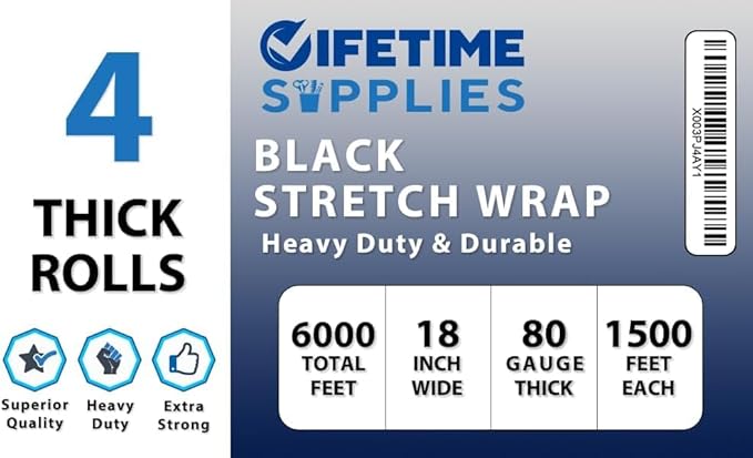 4 Rolls x 18 Inch x 1500 FT x 80 Gauge Black Premium Stretch Wrap, Heavy Duty - Image 2