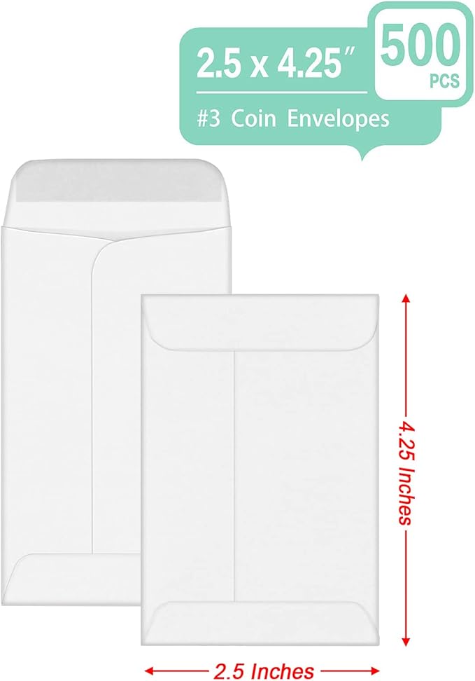 500 PCS #3 Coin Envelopes, 2-1/2'' x 4-1/4'' inches White Kraft Envelopes - Image 3