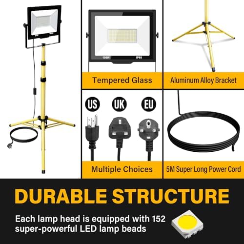 Willpower 100W Tripod Stand LED Work Light, 10000LM LED Floodlight Portable Job Site Light 110V Outdoor Indoor for Workshop Garage Construction Basement with 5 Meter Power Cord IP66 6000K - Image 3