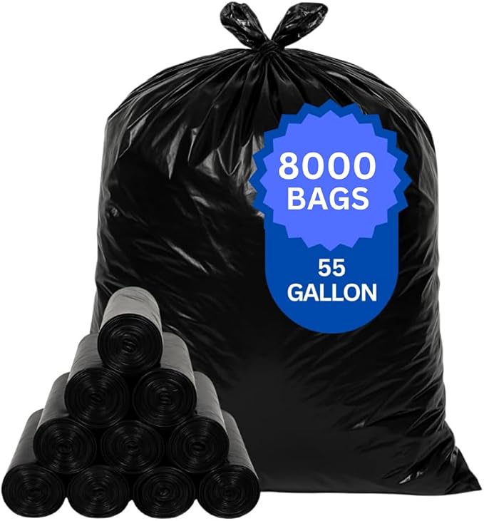 55 Gallons Black Trash Bags for Home, Kitchen and Retail by Assurepak