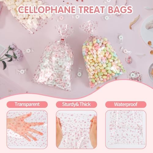 COQOFA 100 Pcs 7X12" Cello Cellophane Gift Treat Bags Party Favor bags Clear Candy Cookie Bags Plastic Poly Goodie Storage Bags with Twist Ties for Wedding Birthday Party Valentines Day Supplies Rose - Image 3