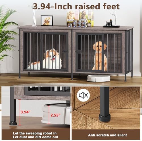 EasyCom 63" Dog Crate Furniture for 1 or 2 Dogs, 20-35 Pounds, Oak Grey - Image 3