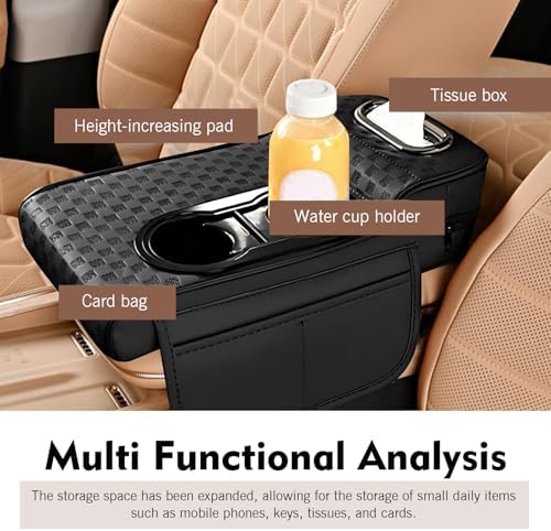 Car Center Console Leather Armrest Increase Cushion, MultiFunctional Armrest Box Pad with Dual Cup Holder, Tissue Box, Side Card Holder, Universal for Most Cars, SUVs, Trucks (Black) - Image 5