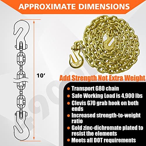 YATOINTO G80 Transport Binder Chain 5/16 Inch x 10 Foot Safety/Binder Chain with Clevis Grab Hooks 4,900 lbs Safe Working Load Logging Chain for Transporting Towing Tie Down Binding Equipment - Image 6