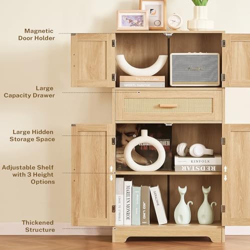 TEENFON 47.2" H Tall Storage Cabinet with Adjustable Shelf, Rattan Cabinet, Cupboard for Living Room, Dining Room, Entryway, Home Office, Natural - Image 4