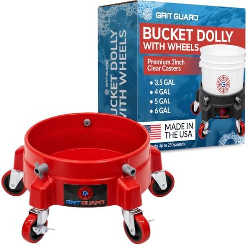 Grit Guard Bucket Dolly with Wheels - Rolling Detailing Wash Bucket with 5 Wheels and 2 Locking Casters Compatible with 2.5, 4, 5 and 6 Gallon Buckets (Red, 3" Red Casters) - Made in the USA by GritGuardInc