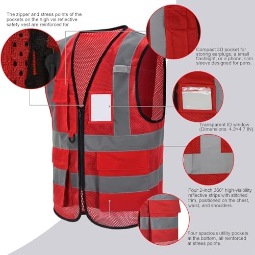 High Vis Safety Vest Reflective Strips, Multi-Pocket Design, Available in Yellow,Orange,black,Pink,blue,Red,purple - Image 2