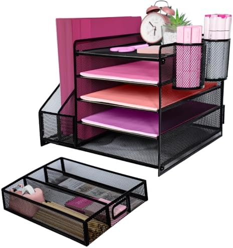 Desk Organizers and Accessories with File Holder, 5-Tier Paper Letter Tray Organiser with Drawer and 2 Pen Holder, Mesh Desktop Document Organizer for Office Supplies, Workspace - Black - Image 4