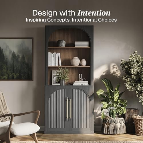 BELLEZE 72" Tall Storage Cabinet with Hutch, Modern Wood Sideboard with Arched Doors and 3-Tier Shelves, Display Curio Cabinet for Kitchen, Dining Room, Living Room, or Office, Ebony - Image 3