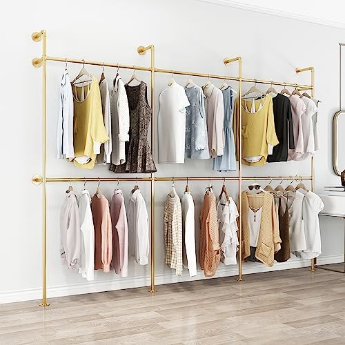ORSENIGO Industrial Pipe Clothing Rack, Heavy Duty Metal Clothes Rack with Double Rods for Hanging Clothes, Wall Mount Space-Saving Garment Display Rack - Image 3