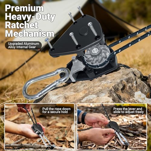 Camping Ropes Guy Line - Tarp Tie Down Ropes with Ratchet System, Pulley & Reinforced Metal Gear - Adjustable Heavy Duty Guy Lines for Canopy Tent, Quick Setup Outdoor Strap-4Pack - 6Pack - Image 2
