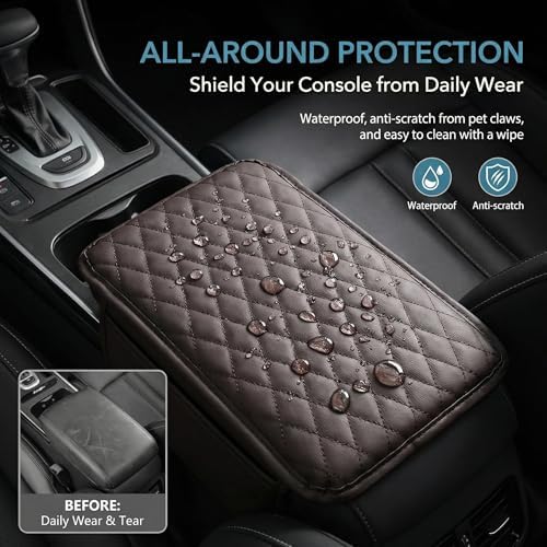 Car Center Console Cover, Leather Car Arm Rest Cover, Middle Console Covers with Storage Bags, Auto Interior Armrest Covers Cushion, Universal for Most Vehicles (Brown) - Image 5