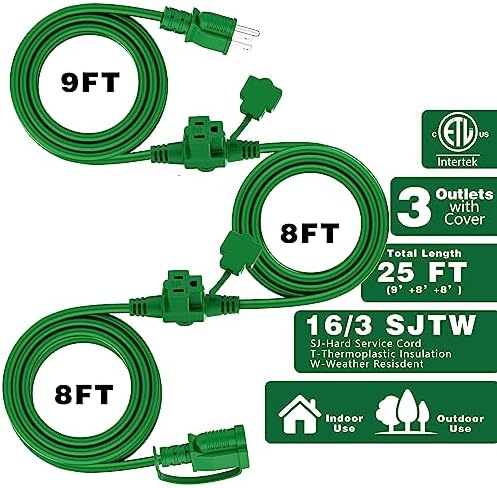 K KASONIC Outdoor Extension Cord 25 FT, Evenly Spaced 3 Outlets, Green - Image 2