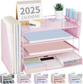 OPNICE Desk Organizer, 4-Tier Desktop File Organizer with Drawer and Pen Holders, Office Desk Accessories, File Sorters, Workspace Organizers for Office Supplies(Pink) by OPNICE
