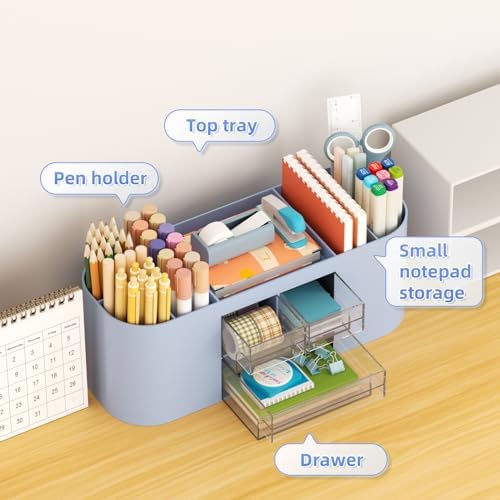 Marbrasse Desk Organizer Pen Holder for Desk with 3 Drawers, Multi-Functional Pencil Holder, Desk Organizers and Accessories with 7 Compartments for Home, School, Classroom(Blue) - Image 3