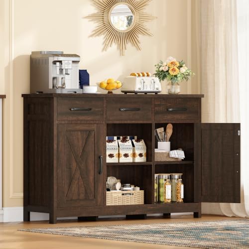 TEENFON Coffee Bar Cabinet with 3 Drawers, Farmhouse Buffet Cabinet - Image 2
