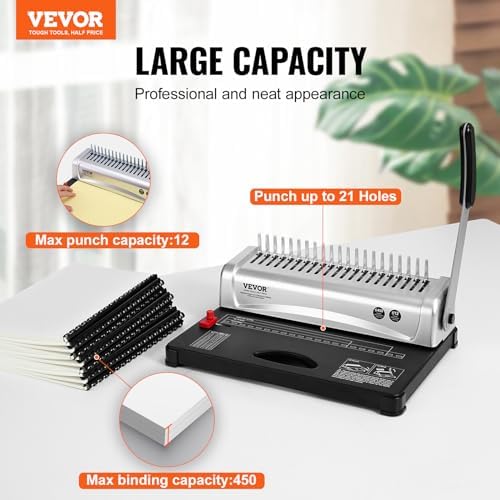 VEVOR Binding Machine, Comb Binding Machine 21-Holes Binding 450 Sheets, Book Binder Machine with 100 PCS 3/8'' Comb Binding Spines, for Letter Size, A4, A5 - Image 2