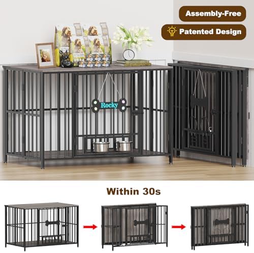Easycom 43" Dog Crate Furniture Foldable, No Assembly Decorative Dog Kennel Indoor, XL Dog Crates for Large Dogs (60-80 lbs), Wooden Dog Cage with Adjustable Bowls and Name Tag, Oak Grey - Image 2