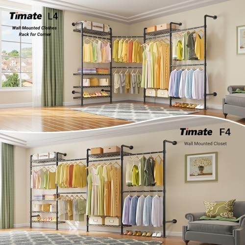 Timate F4 Wall Mounted Clothes Rack Industrial Pipe Clothing Rack for Hanging Clothes, Expandable Garment Rack Heavy Duty Wardrobe Closet Organizer and Storage, Black Adjustable Industrial Closet Kit - Image 2