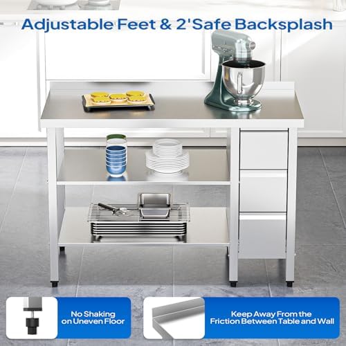 ROVSUN 48 x 24 Inches Stainless Steel Table with 3 Drawers, Heavy Duty Metal Prep & Work Table with Undershelf for Commercial Kitchen, Restaurant, Home, Hotel and Garage - Image 7
