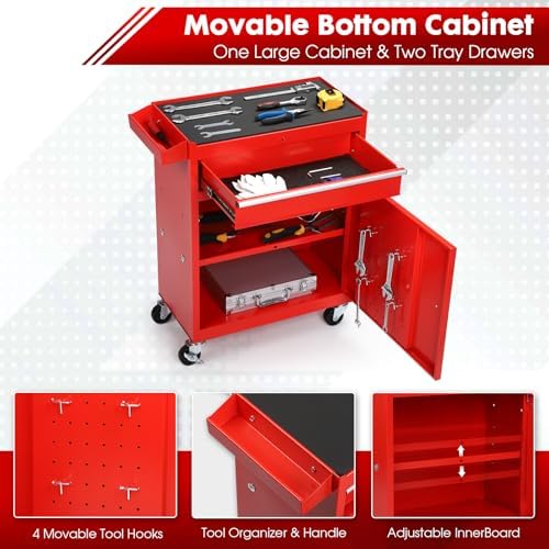 Dawmilon 5-Drawer Rolling Tool Chest with Wheels - High Capacity Tool Cabinet with Detachable Top Toolbox for Garage and Workshop Organization - Metal Tool Cart with Liner & 4 Hooks, Red - Image 4