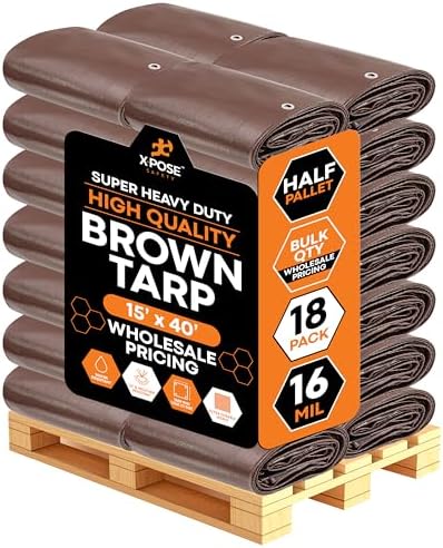 Super Heavy Duty Brown Poly Tarp 15' x 40' - Bulk Half Pallet (18 Pack) Thick Waterproof, UV Blocking Protective Cover - 16 Mil Thick Polyethylene - by Xpose Safety by XposeSafety