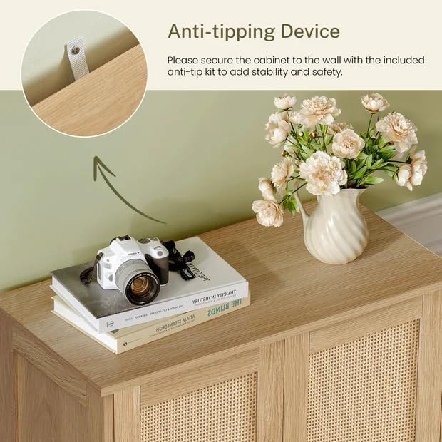 Iwell Storage Cabinet, Rattan Cabinet with Adjustable Shelf, for Living Room, Entryway, Kitchen, Home Office, Nature - Image 6
