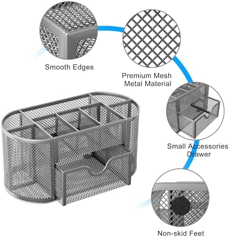 EasyPAG Mesh Pen Holder Desk Organizer with Drawer Stationery Supplies Organizer for Dorm School 9 Compartments Workspace Desk Accessories Organization for Office, Silver - Image 4