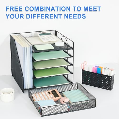 5-Tier Desk Organizer with Drawer and Pen Holder, Black - Image 3