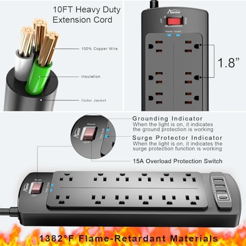 ALESTOR 10 Ft Surge Protector Power Strip with 12 Outlets and 4 USB Ports - Image 6