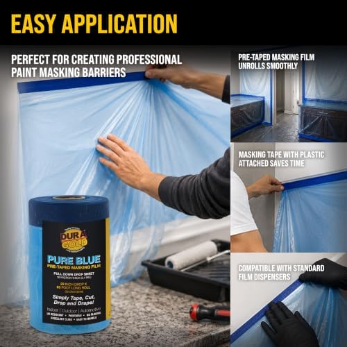 Dura-Gold 22" Wide x 65' Long Roll of Pure Blue Pre-Taped Masking Film, 0.4 Mil Pre-Folded Overspray Paintable Plastic Protective Sheeting, Pull Down Drop Sheet - Auto Painting, Cover Walls Furniture - Image 3