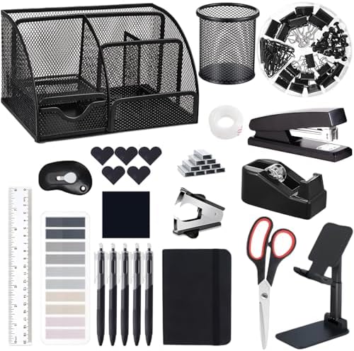 Office Supplies,Desk Accessories,Stapler and Tape Dispenser Set,1000 Staples,Staple Remover,Pen Holder,Folding Phone Holder,Journal Notebook,Ballpoint Pen,Scissor,Ruler,Clear Tape,Sticky Notes,Ect by musejoy