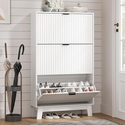 Shoe Cabinet Storage for Entryway with 3 Flip Drawers, Fluted Narrow Shoe Organizer with Wooden Legs, Freestanding Slim Shoe Storage Hidden Shoe Rack Organizer for Front Door Entrance, Hallway, White by HUANLEGO