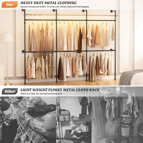 Cyclysio 118.3" Industrial Pipe Clothing Rack with LED Lights and Shelves - Image 6