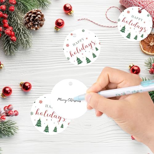 G2PLUS Happy Holiday Tags, 100PCS Christmas Holiday Tags, 2'' Round Holiday Gift Tags, Christmas Tree Paper Gift Tags with String for Xmas Gift Wrapping, DIY Arts & Crafts, Holiday Season Party Favors - Image 4