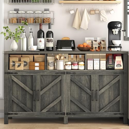 knoworld Buffet Sideboard with Storage Farmhouse, Large Kitchen Storage Cabinet Wood Coffee Bar Cabine Buffet for Kitchen, Living Room, 55in, Grey - Image 7