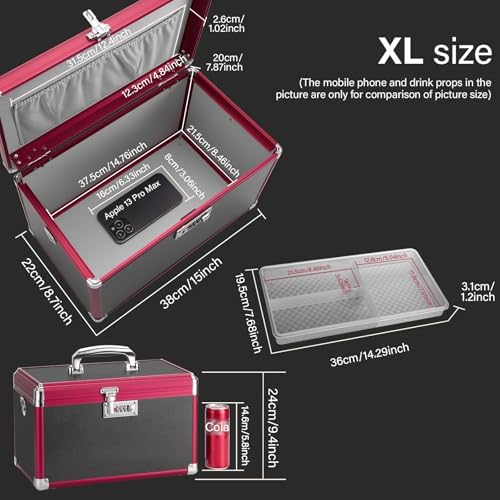 Medicine Lock Box with Combination Lock - 15 x 8.7 x 9.4 Inches - First Aid Safe Medication Storage Box, Medications and Personal Items, Safe Boxes for Home and Outdoor - Black Red Black - Image 2