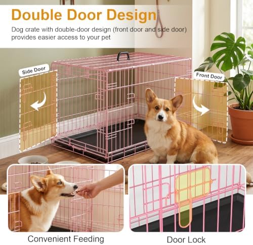 FDW | 42" Foldable Metal Dog Crate | Pastel Pink | Cage for Medium Dogs - Image 2
