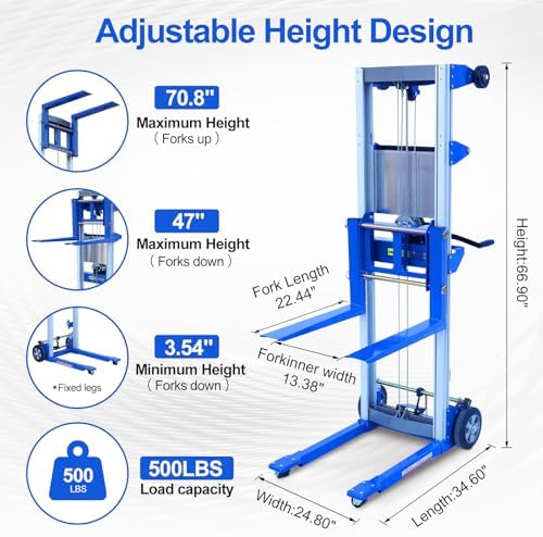 500 lbs Capacity, Material Lift Winch Stacker, 70" Lift Height, Fixed Straddle Hand Winch Lift Truck, Material Lifts for Warehouse, 34.60"L x 24.80"W - Image 2