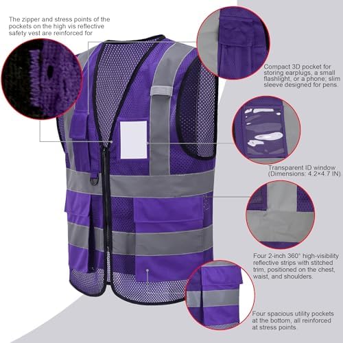 High Vis Safety Vest Reflective Strips, Multi-Pocket Design, Available in Yellow,Orange,black,Pink,blue,Red,purple - Image 2