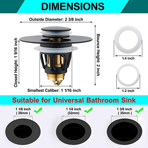 Universal 1.25" Bathroom Sink Stopper - Wash Basin Bounce Drain Filter, Pop Up Drain Stopper, Bullet Core Push Type Sink Stopper, Sink Drain Plug with Anti-Clogging Strainer, Matte Black1 - Image 2