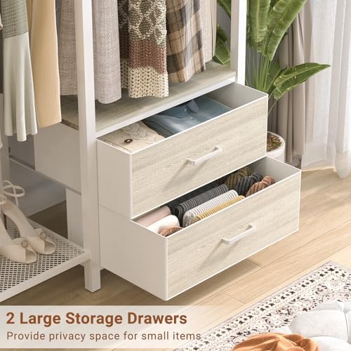 78.7'' Clothes Rack for Hanging Clothes - Reversible Clothing Rack with 2 Drawers, Heavy Duty Garment Racks with Shelves, 6 Tiers Freestanding Closet Wardrobe System with Hanging Hooks, White Oak - Image 7